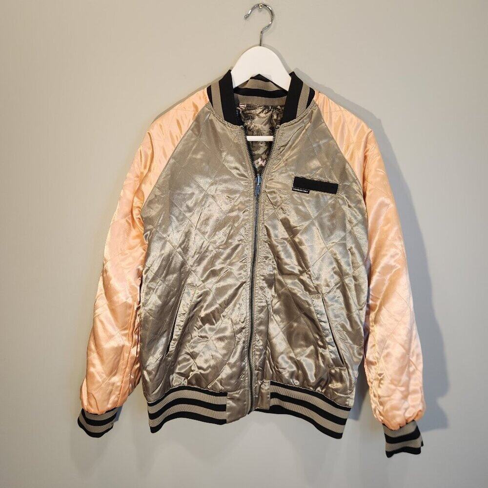 Members Only Floral Camo Reversible Satin Bomber Jacket Neutral Streetwear M